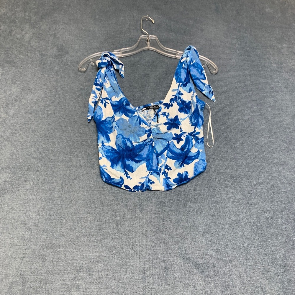Zara Cropped Blouse Top Womens Small Blue White Floral Tie Shoulders Summer